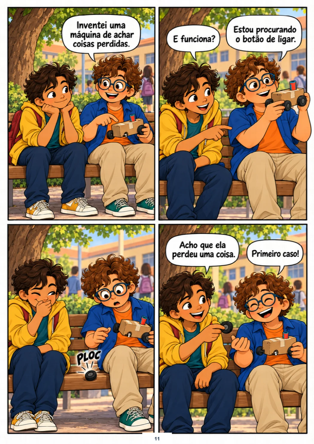 Theo e Bento conversam sobre uma invenção de papelão no pátio