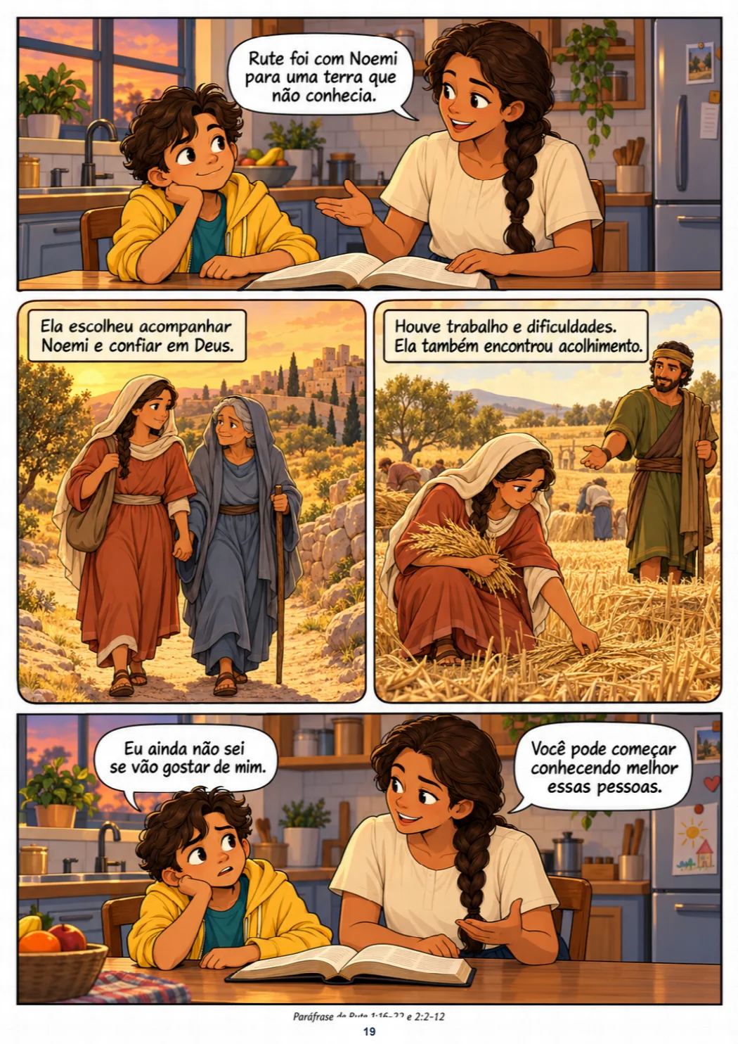Rosa lembra com Theo a história bíblica de Rute e Noemi