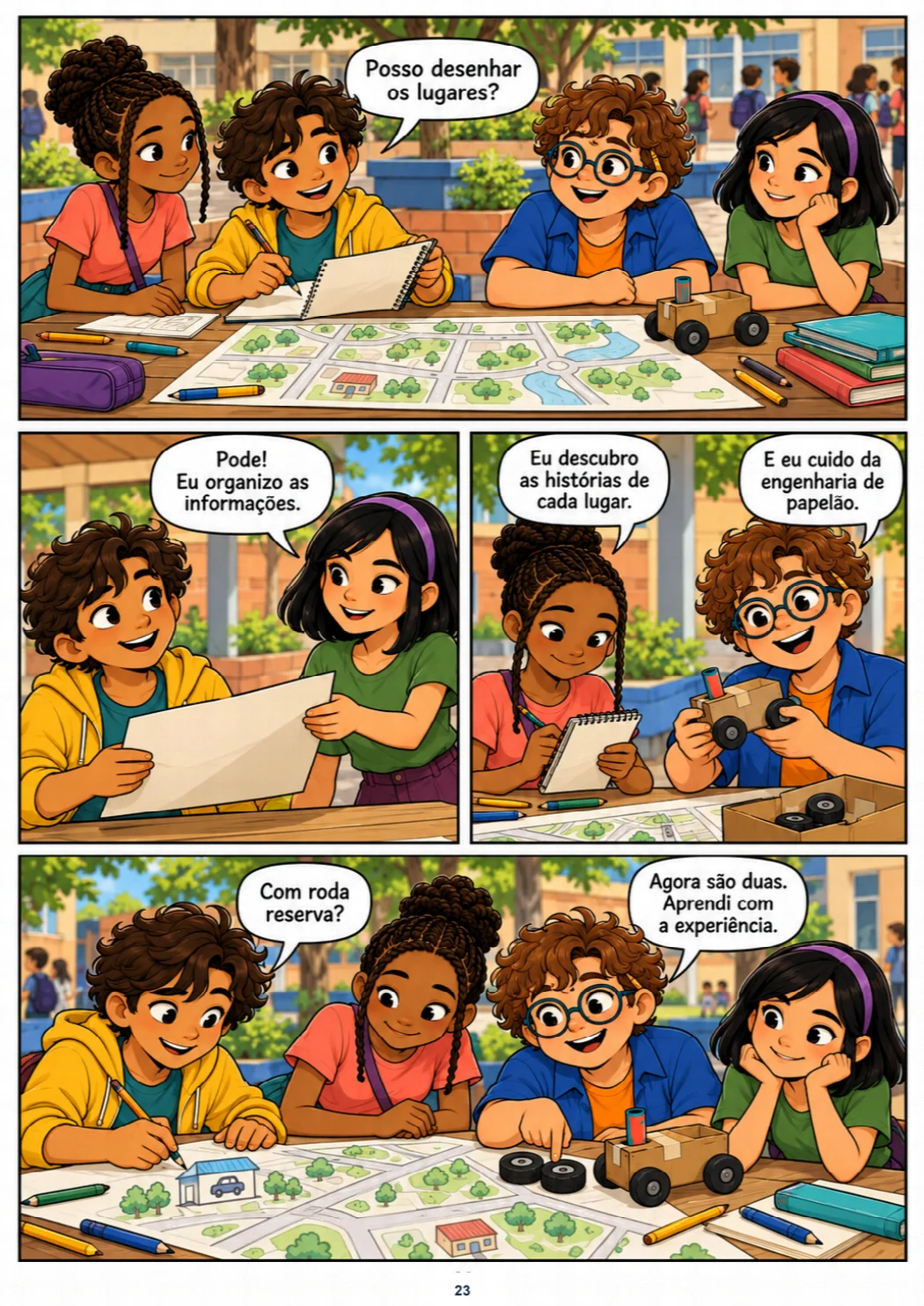 Theo, Lia, Bento e Malu trabalham juntos em um mapa do bairro