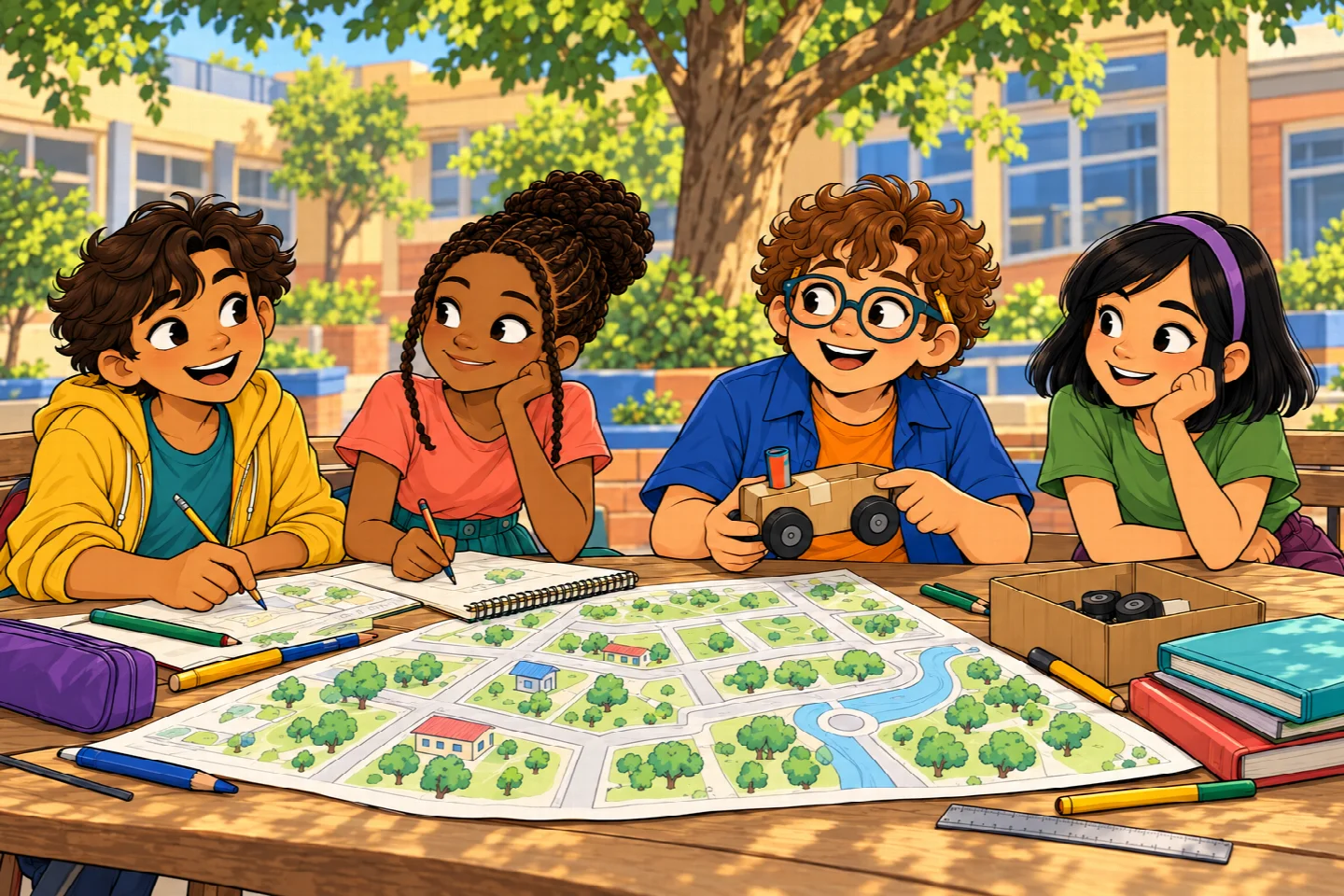 A turma se reúne no pátio para construir um mapa do bairro